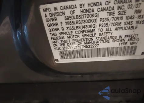 2007 Honda Pilot Ex-L z USA, uszkodzony, nr VIN 2HKYF18797H533227
